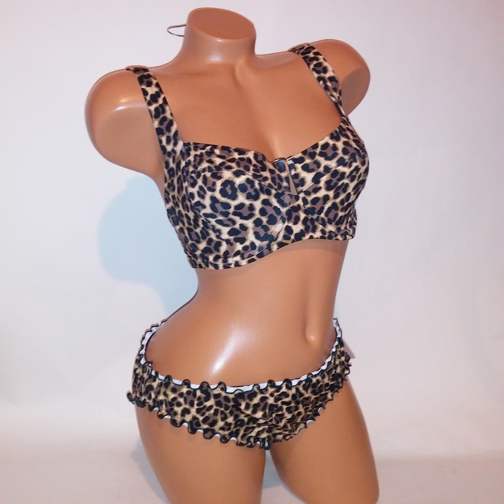 Victoria Secret Swim Bikini 36DD Top Large Bottom Leopard Black Tan Cheeky New